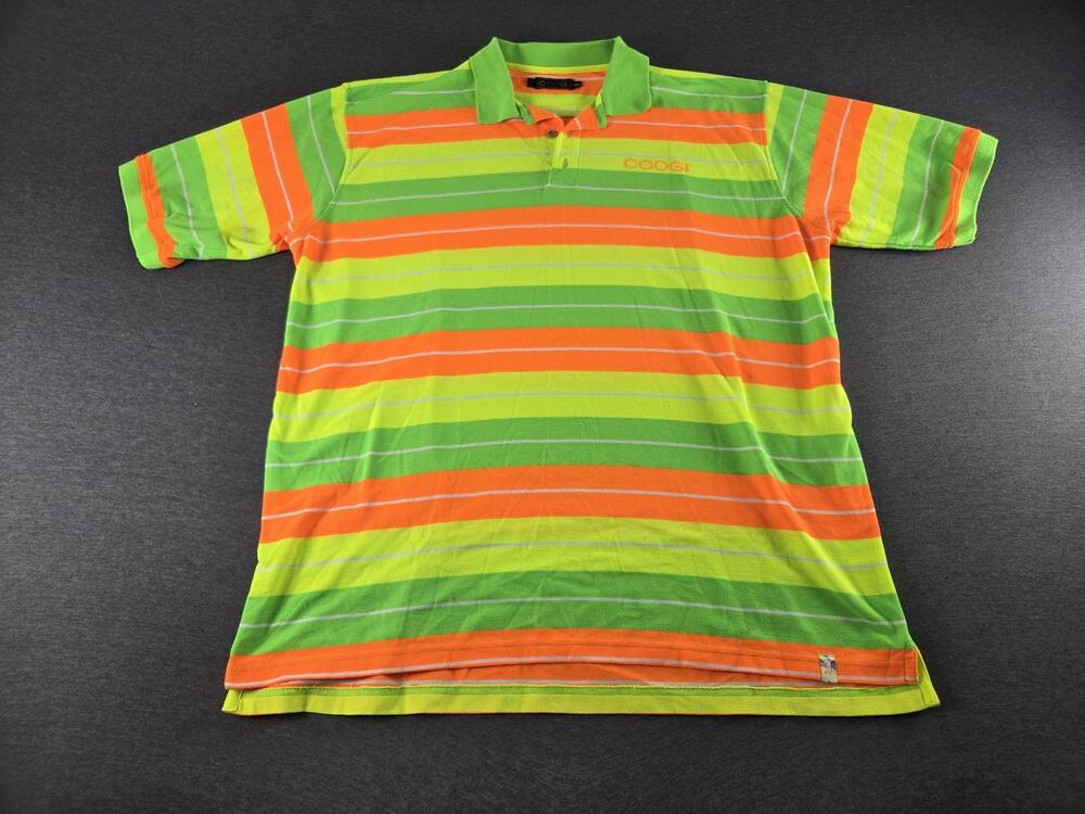 Coogi Polo Shirt Mens 3XL Multicolor Neon Striped Polyester Knit Logo Casual